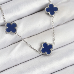 Mey İthalat® 316L Çelik Zincir Gümüş Lacivert Renk Yonca Kadın Kolye