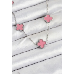 Mey İthalat® 316L Çelik Zincir Gümüş Pembe Renk Yonca Kadın Kolye