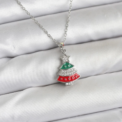 Mey İthalat® 316L Çelik Zincir Gümüş Ren Çam Ağacı Model Zirkon Taşlı Yılbaşı Temalı Kadın Kolye