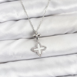 Mey İthalat® 316L Çelik Zincir Gümüş Renk 4 Yapraklı Yonca Model Zirkon Taşlı Kadın Kolye