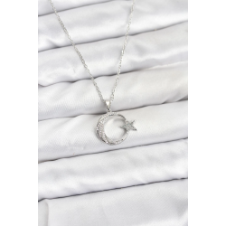 Mey İthalat® 316L Çelik Zincir Gümüş Renk Ay Yıldız Model Zirkon Taşlı Kadın Kolye