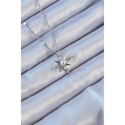 Mey İthalat® 316L Çelik Zincir Gümüş Renk Baget Taşlı İnci Detay Kutup Yıldızı Kolye