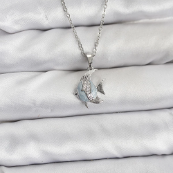 Mey İthalat® 316L Çelik Zincir Gümüş Renk Balık Model Zirkon Taşlı Kadın Kolye