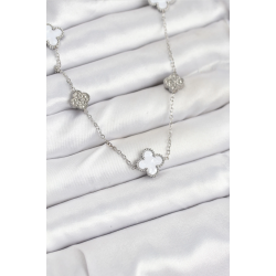 Mey İthalat® 316L Çelik Zincir Gümüş Renk Beyaz ve Zirkon Taşlı Yonca Kadın Kolye