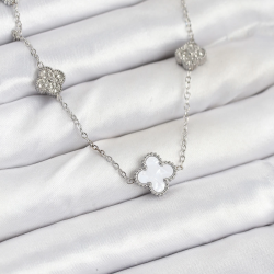 Mey İthalat® 316L Çelik Zincir Gümüş Renk Beyaz ve Zirkon Taşlı Yonca Kadın Kolye