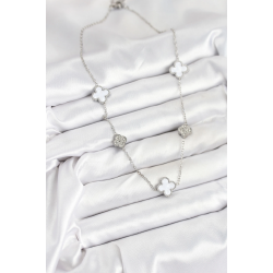 Mey İthalat® 316L Çelik Zincir Gümüş Renk Beyaz ve Zirkon Taşlı Yonca Kadın Kolye