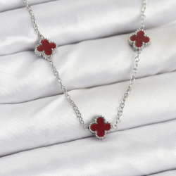 Mey İthalat® 316L Çelik Zincir Gümüş Renk Bordo Baby Boy Yonca Kadın Kolye