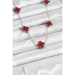 Mey İthalat® 316L Çelik Zincir Gümüş Renk Bordo Renk Yonca Kadın Kolye