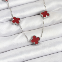 Mey İthalat® 316L Çelik Zincir Gümüş Renk Bordo Renk Yonca Kadın Kolye