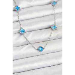 Mey İthalat® 316L Çelik Zincir Gümüş Renk Buz Mavisi Baby Boy Yonca Kadın Kolye