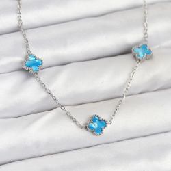 Mey İthalat® 316L Çelik Zincir Gümüş Renk Buz Mavisi Baby Boy Yonca Kadın Kolye