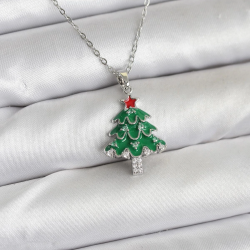 Mey İthalat® 316L Çelik Zincir Gümüş Renk Çam Ağacı Model Yılbaşı Temalı Kadın Kolye
