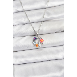 Mey İthalat® 316L Çelik Zincir Gümüş Renk Çiçekli Kedili Model Kadın Kolye