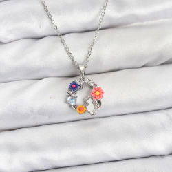 Mey İthalat® 316L Çelik Zincir Gümüş Renk Çiçekli Kedili Model Kadın Kolye