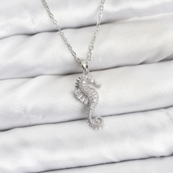Mey İthalat® 316L Çelik Zincir Gümüş Renk Deniz Atı Model Zirkon Taşlı Kadın Kolye