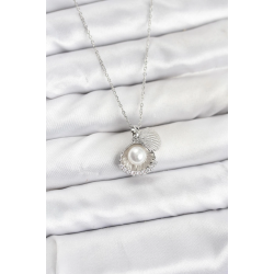 Mey İthalat® 316L Çelik Zincir Gümüş Renk İncili Deniz Kabuğu Model Zirkon Taşlı Kadın Kolye