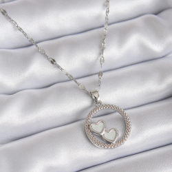 Mey İthalat® 316L Çelik Zincir Gümüş Renk İşleme Detay Halka Kalp Model Kadın Kolye