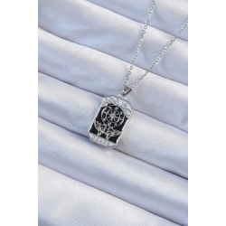 Mey İthalat® 316L Çelik Zincir Gümüş Renk İşlemeli Siyah Mineli Tarot Kolye