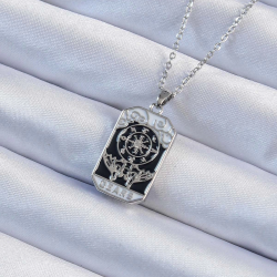 Mey İthalat® 316L Çelik Zincir Gümüş Renk İşlemeli Siyah Mineli Tarot Kolye