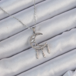 Mey İthalat® 316L Çelik Zincir Gümüş Renk İşlemeli Zirkon Taşlı Ay Kolye