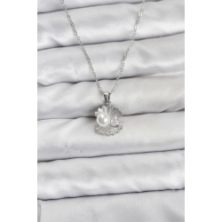 Mey İthalat® 316L Çelik Zincir Gümüş Renk İstiridye İnci Model Zirkon Taşlı Kadın Kolye