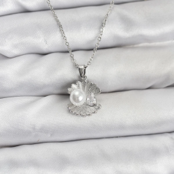 Mey İthalat® 316L Çelik Zincir Gümüş Renk İstiridye İnci Model Zirkon Taşlı Kadın Kolye