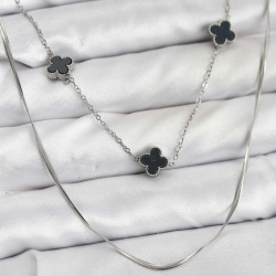 Mey İthalat® 316L Çelik Zincir Gümüş Renk İtalyan Zincirli Siyah Yonca Model Kadın Kolye