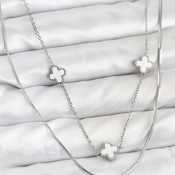 Mey İthalat® 316L Çelik Zincir Gümüş Renk İtalyan Zincirli Yonca Model Kadın Kolye