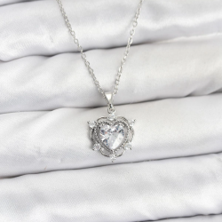 Mey İthalat® 316L Çelik Zincir Gümüş Renk Kalp Model Zirkon Taşlı Kadın Kolye