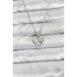 Mey İthalat® 316L Çelik Zincir Gümüş Renk Kalp ve Fiyonk Model Zirkon Taşlı Kadın Kolye