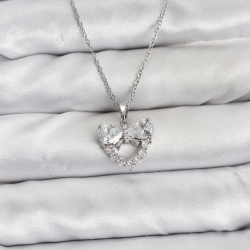 Mey İthalat® 316L Çelik Zincir Gümüş Renk Kalp ve Fiyonk Model Zirkon Taşlı Kadın Kolye