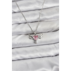 Mey İthalat® 316L Çelik Zincir Gümüş Renk Kanatlı Kalp Model Zirkon Taşlı Kadın Kolye