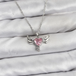 Mey İthalat® 316L Çelik Zincir Gümüş Renk Kanatlı Kalp Model Zirkon Taşlı Kadın Kolye
