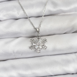 Mey İthalat® 316L Çelik Zincir Gümüş Renk Kar Tanesi Model Zirkon Taşlı Kadın Kolye