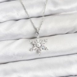 Mey İthalat® 316L Çelik Zincir Gümüş Renk Kar Tanesi Model Zirkon Taşlı Kadın Kolye