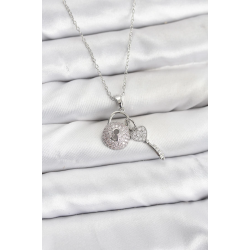 Mey İthalat® 316L Çelik Zincir Gümüş Renk Kilit Anahtar Model Zirkon Taşlı Kadın Kolye