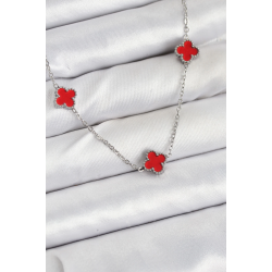 Mey İthalat® 316L Çelik Zincir Gümüş Renk Kırmızı Baby Boy Yonca Kadın Kolye