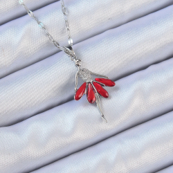 Mey İthalat® 316L Çelik Zincir Gümüş Renk Kırmızı Etekli Zirkon Taşlı Balerin Kolye