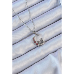 Mey İthalat® 316L Çelik Zincir Gümüş Renk Kırmızı Gül Detay Kedi Figür Zirkon Taşlı Ay Kolye