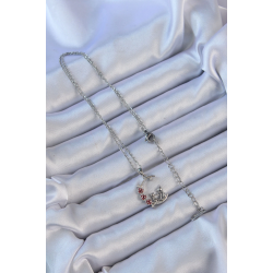 Mey İthalat® 316L Çelik Zincir Gümüş Renk Kırmızı Gül Detay Kedi Figür Zirkon Taşlı Ay Kolye