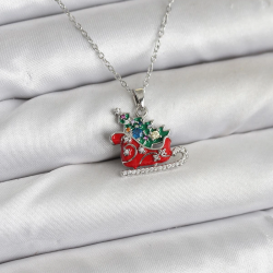 Mey İthalat® 316L Çelik Zincir Gümüş Renk Kızak ve Çam Ağacı Figürlü Yılbaşı Temalı Kadın Kolye