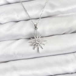 Mey İthalat® 316L Çelik Zincir Gümüş Renk Kutup Yıldızı Model Zirkon Taşlı Kadın Kolye