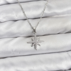 Mey İthalat® 316L Çelik Zincir Gümüş Renk Kutup Yıldızı Model Zirkon Taşlı Kadın Kolye
