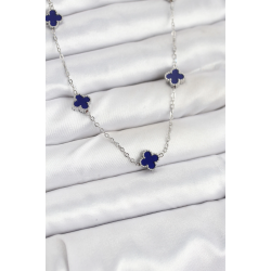 Mey İthalat® 316L Çelik Zincir Gümüş Renk Lacivert Baby Boy Yonca Kadın Kolye