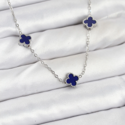 Mey İthalat® 316L Çelik Zincir Gümüş Renk Lacivert Baby Boy Yonca Kadın Kolye