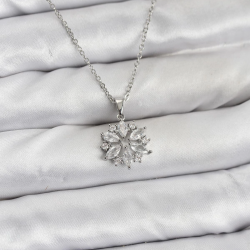 Mey İthalat® 316L Çelik Zincir Gümüş Renk Lotus Model Zirkon Taşlı Kadın Kolye