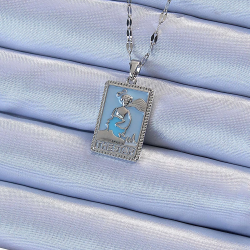 Mey İthalat® 316L Çelik Zincir Gümüş Renk Mavi Mineli Tarot Kolye