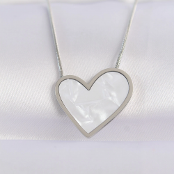 Mey İthalat® 316L Çelik Zincir Gümüş Renk Mermer Desenli Kalp Kolye