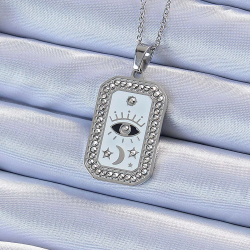 Mey İthalat® 316L Çelik Zincir Gümüş Renk Mineli Zirkon Taşlı Göz Figür Tarot Kolye
