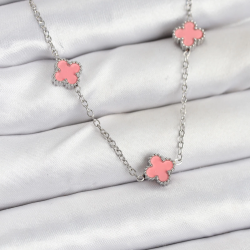 Mey İthalat® 316L Çelik Zincir Gümüş Renk Pembe Baby Boy Yonca Kadın Kolye
